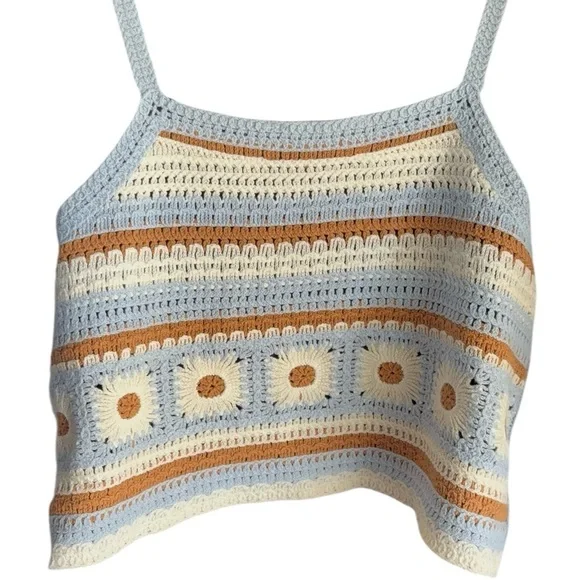 New In Crochet Striped floral Crop Top - Blue, cream , Brown sz M - Picture 9 of 11